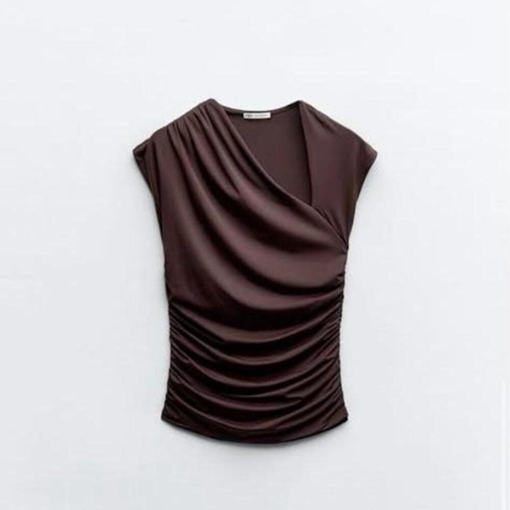 ZARA POLYAMIDE DRAPED TOP - Brown - Size Medium